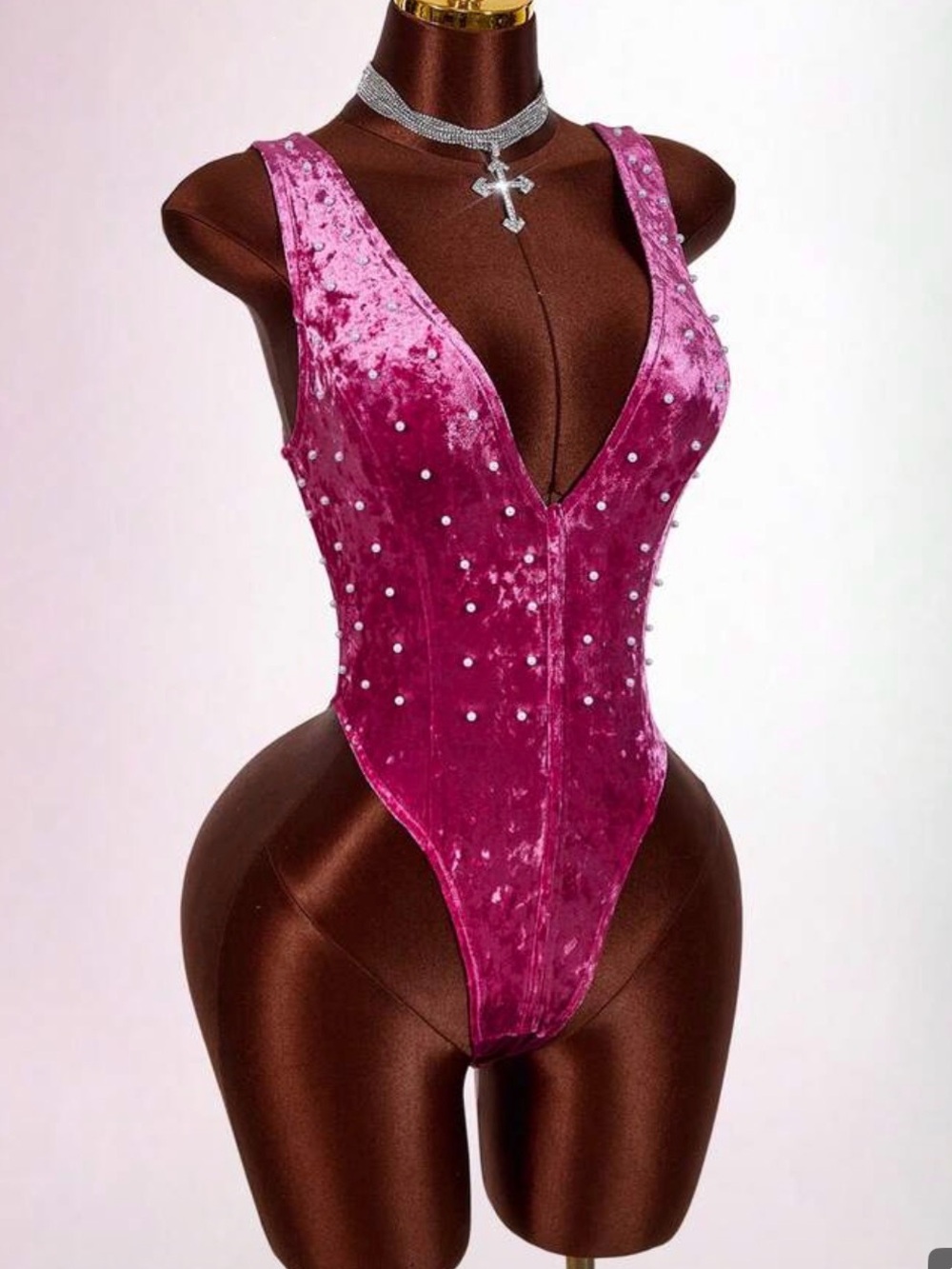 Pink Velvet Pearl-Embellished Bodysuit